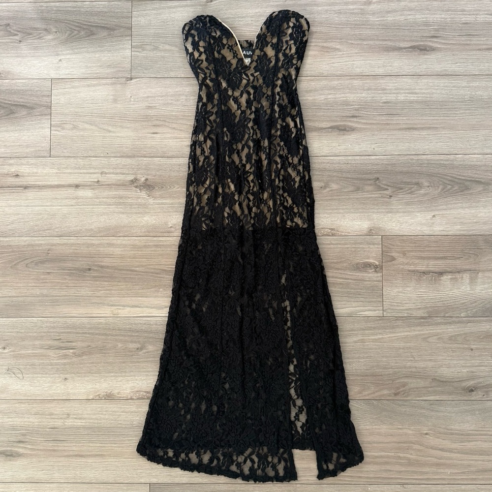AUW Black and Tan Strapless Lace Evening Gown With Slit